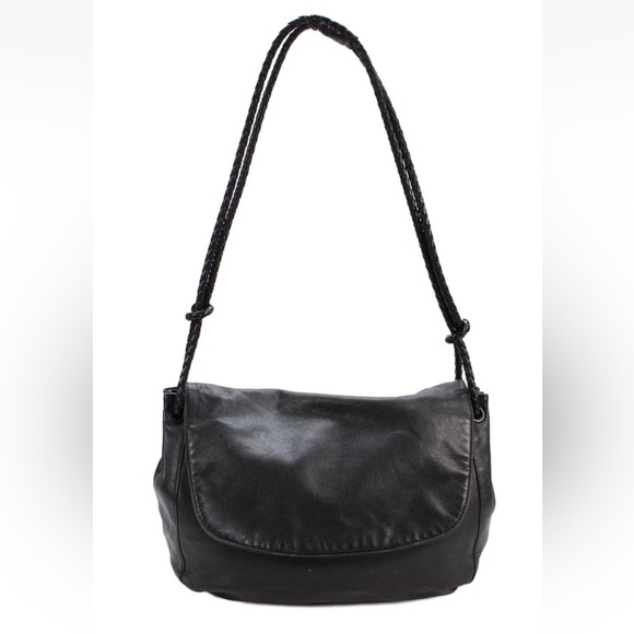 Bottega Veneta Womens Black Leather Braided Strap Foldover Shoulder Hobo Bag